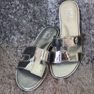Naturalizer Black Patent Slide Sandals with Cutout Straps